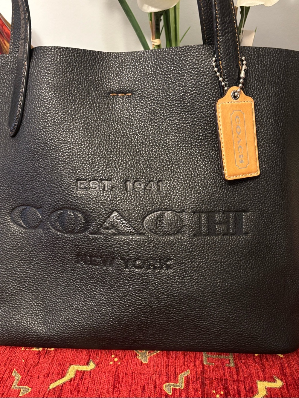 Coach Black Pebbled Leather Tote with Tan Leather Tag - Picture 3 of 16